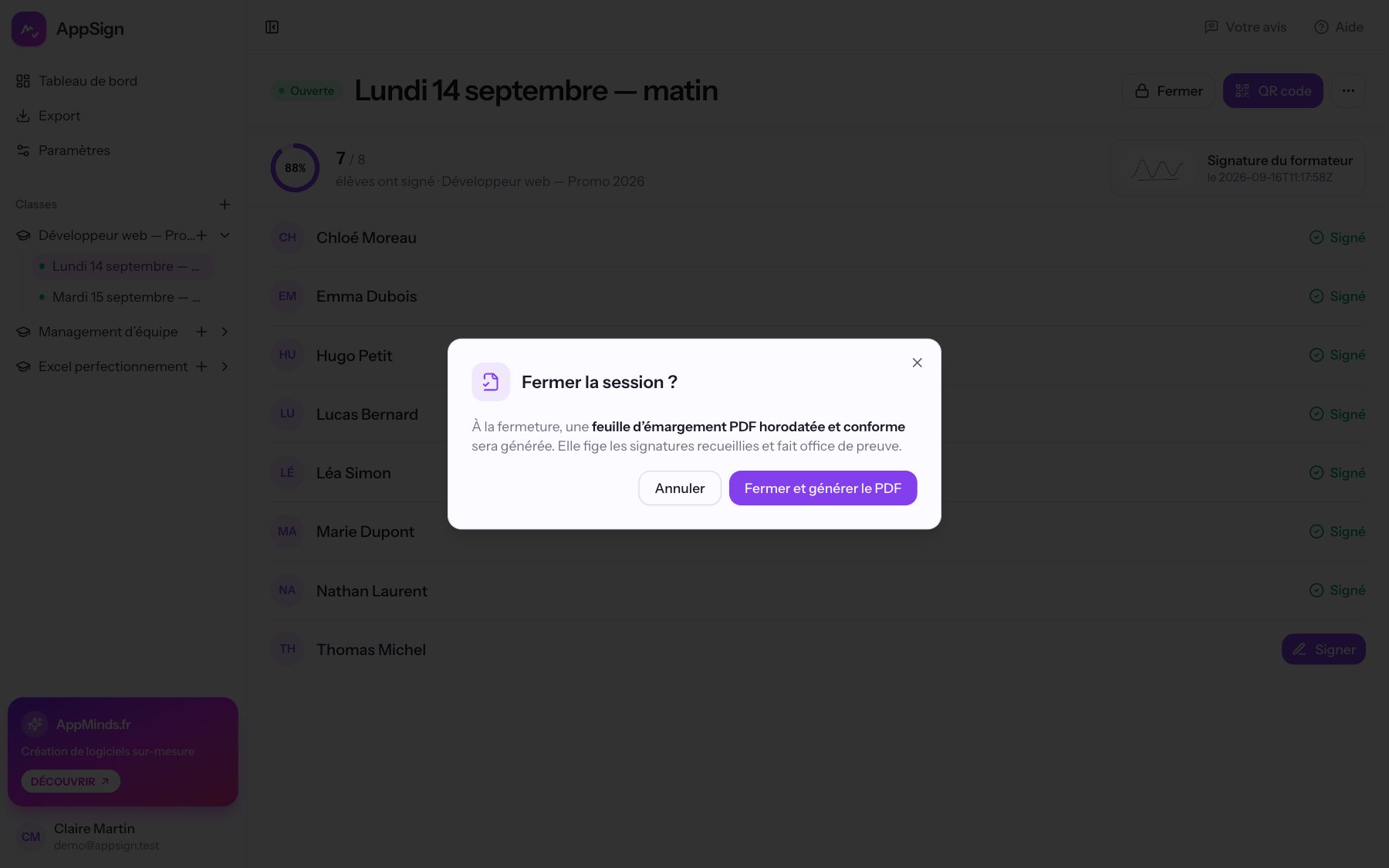 La fenêtre Fermer la session ? avec le bouton Fermer et générer le PDF
