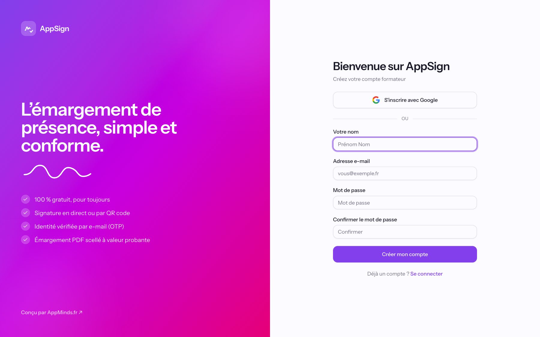 La page de création de compte avec le bouton S’inscrire avec Google