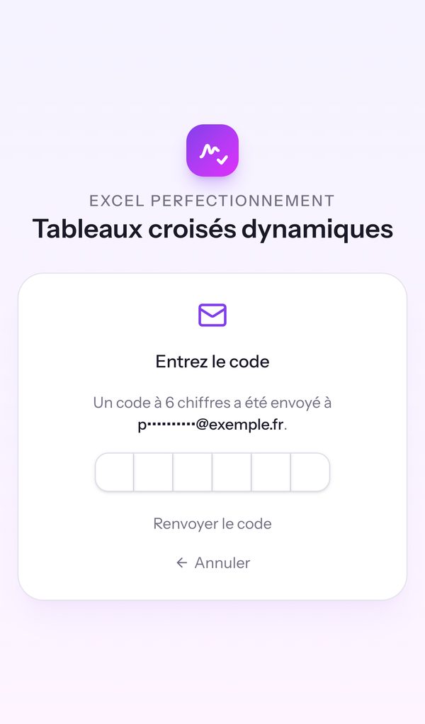 L’écran Entrez le code : un code à 6 chiffres envoyé à une adresse e-mail masquée