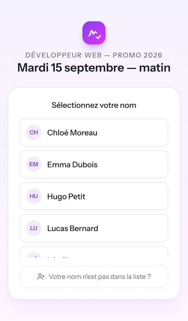 La page de signature sur téléphone : la liste des noms de la classe