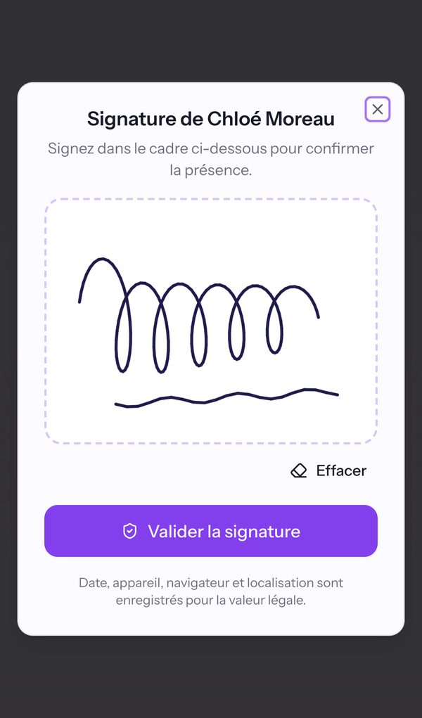 Le cadre de signature sur téléphone, avec une signature tracée au doigt