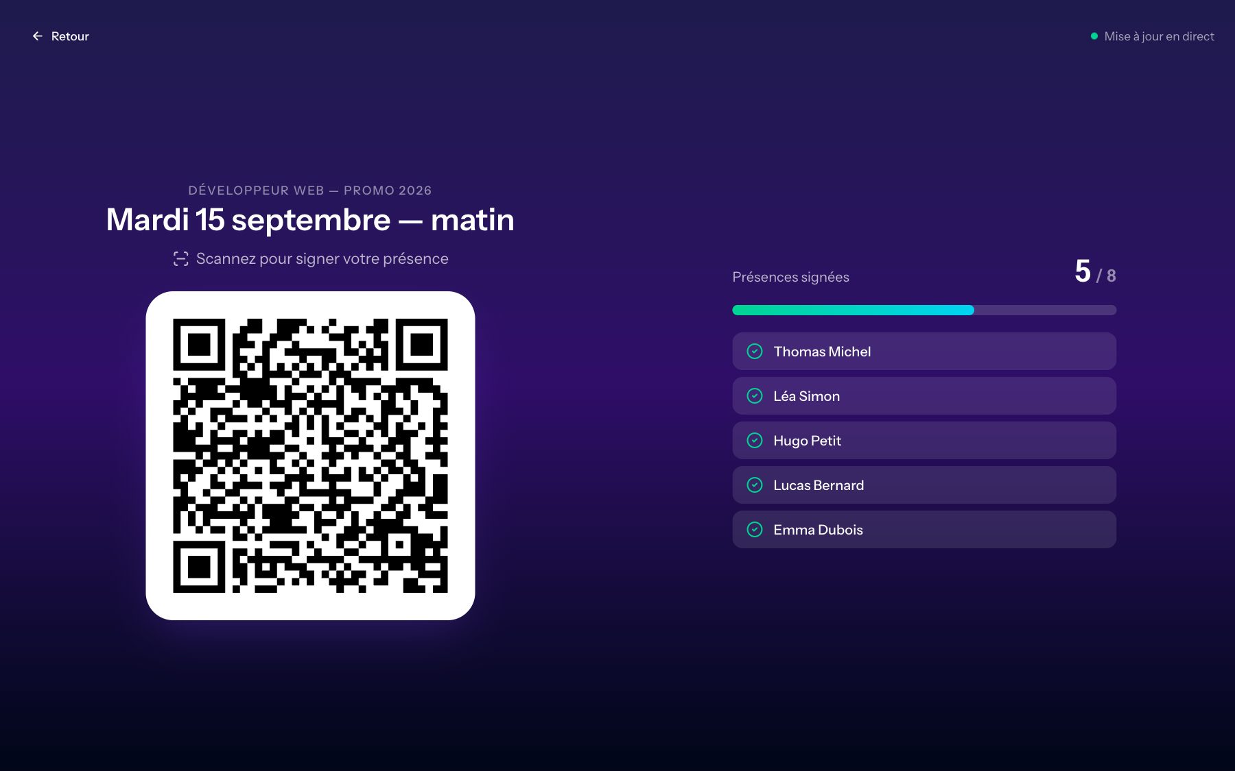 L’écran de la session à projeter en salle : le QR code à scanner et la liste des présences signées en direct