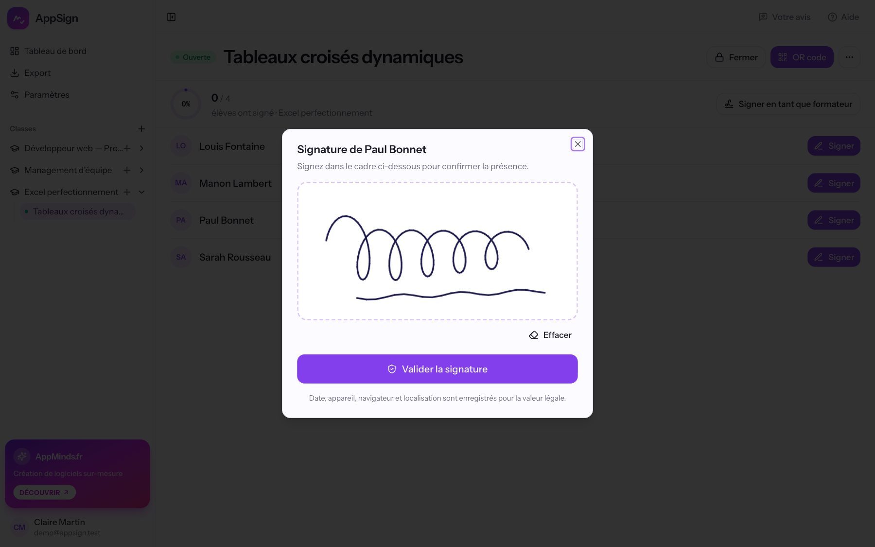 La fenêtre de signature ouverte sur l’ordinateur du formateur