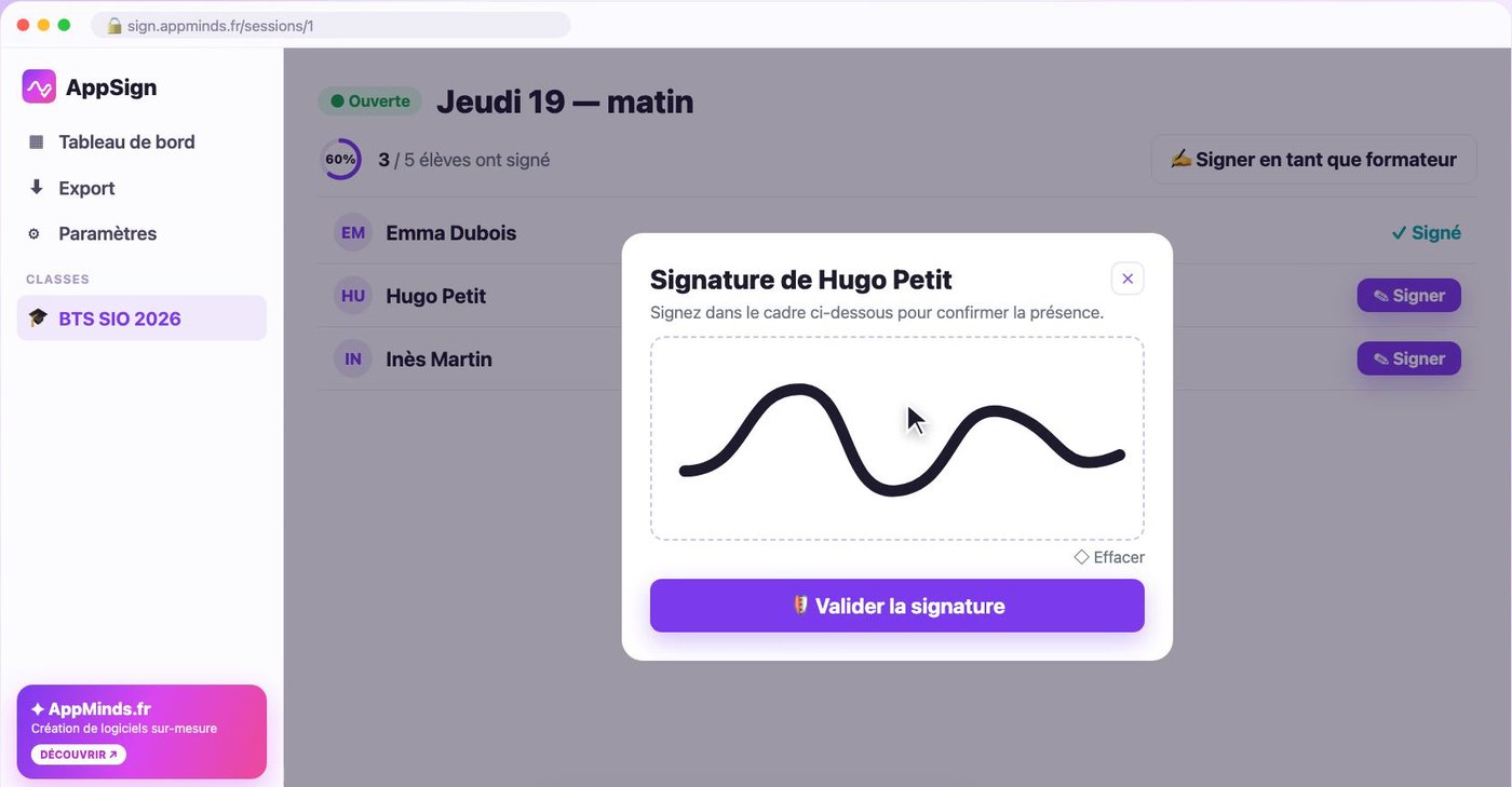 Signature d’un stagiaire directement sur l’ordinateur du formateur